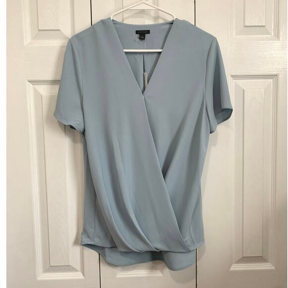 Ann Taylor NWT Baby Blue Draped Front Short Sleeve Wrap Blouse Medium - Picture 2 of 8